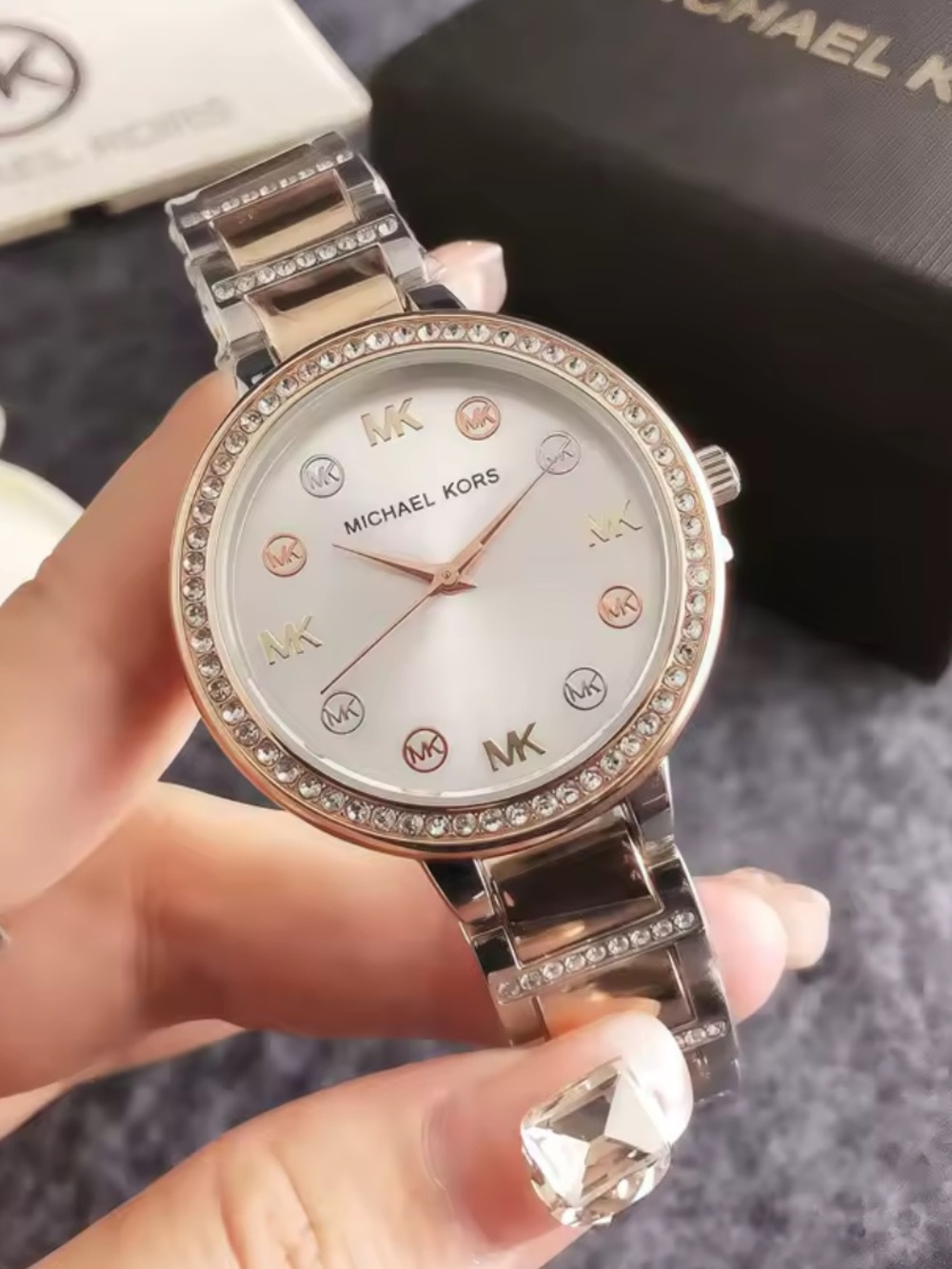 Michael Kors Women's Silver and Rose Gold Logo Crystal Watch